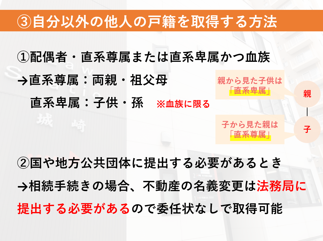 自分以外の他人の戸籍を取得する方法は、配偶者や血族、または国や地方団体に提出する必要があるとき